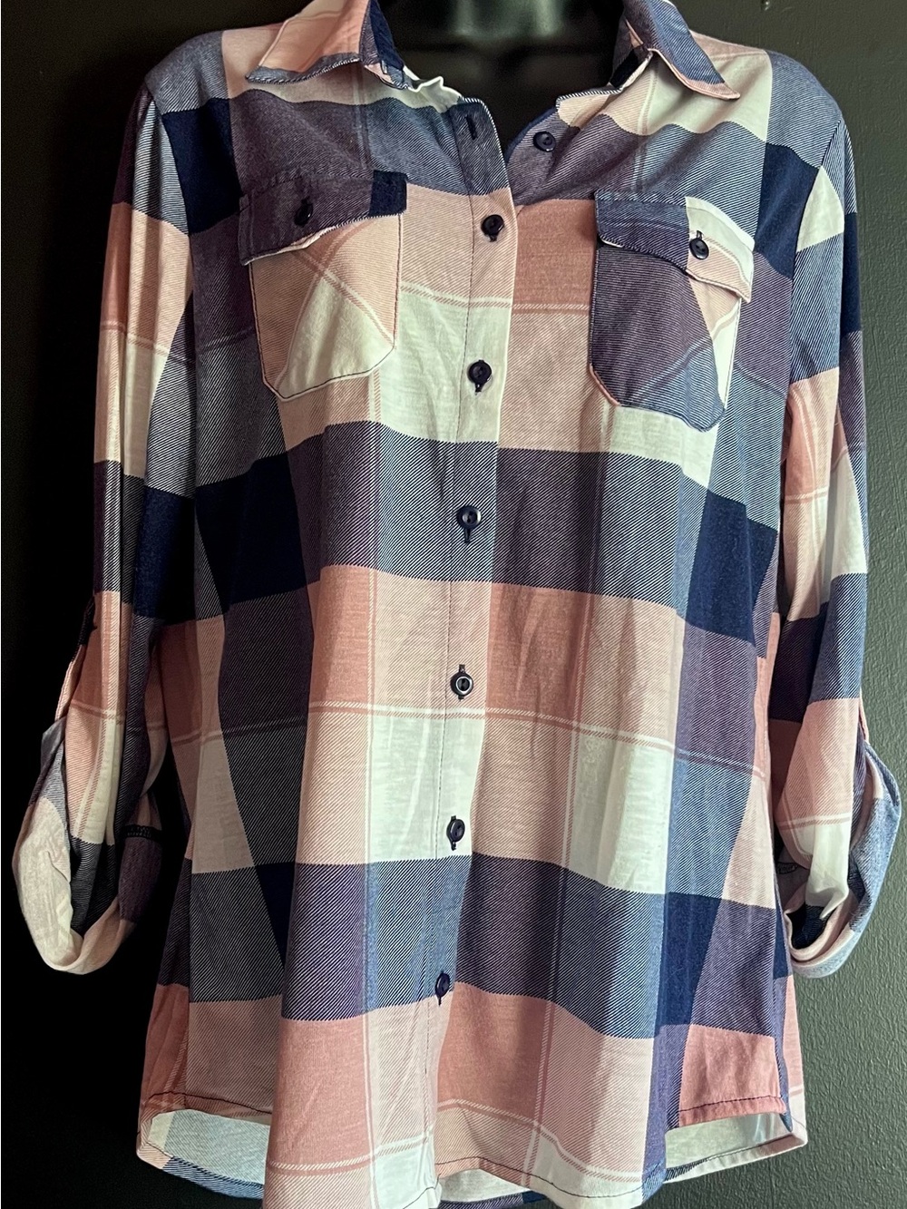 Plaid Button-Up Shirt in Pink, White, and Navy